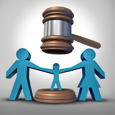 Child custody battle as a family law concept during a legal separation or divorce dispute as a father mother icon holding a child with a judge gavel or mallet coming down as a justice symbol for parenting rights.